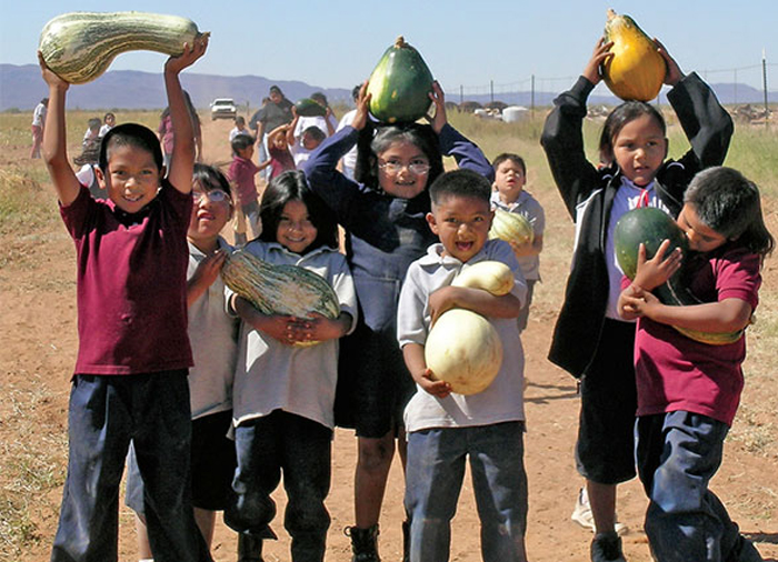 一群拿着各种南瓜和葫芦的美国土著儿童